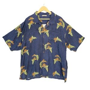 Tommy Bahama Mens XXL Shirt Blue 100% Silk Birds of Paradise Floral Loop Collar